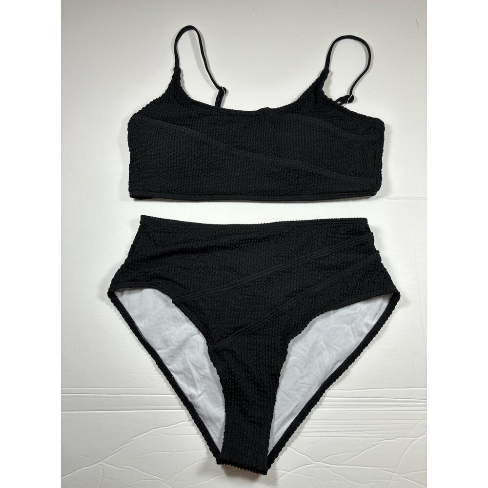 Black Bikini Seersucker Black Large Removable Pads Adjustable Straps High Cut